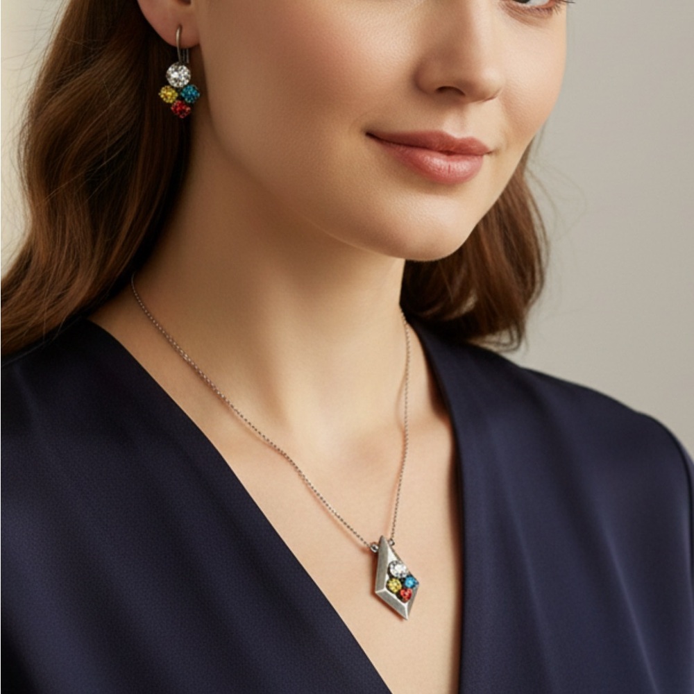 Sabika Bold Colors Cluster Pendant Necklace & Matching Earrings Set